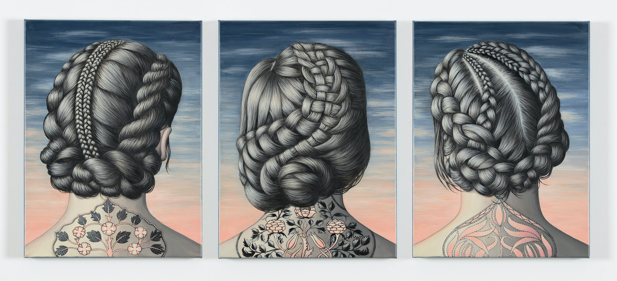 Three Women, 2021 (Triptych), acrylic on linen, 40.5 x 30.5 cm, (each panel)